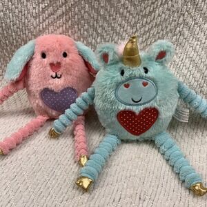 Lot Of 2 Make Believe Ideas Pink Valentine Bunny & Blue Green Unicorn Plush‎ Set